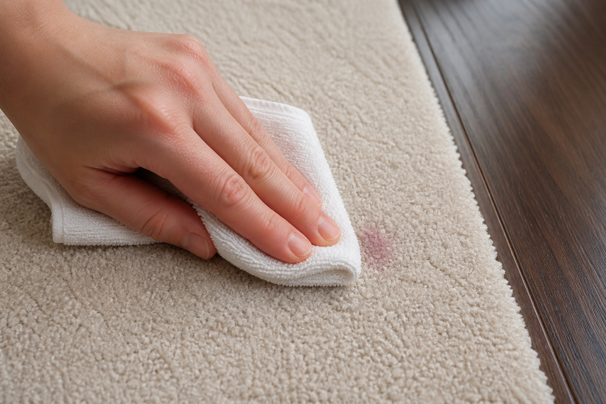 Blotting a faint colored mark after hardened candle wax has been lifted from carpet.