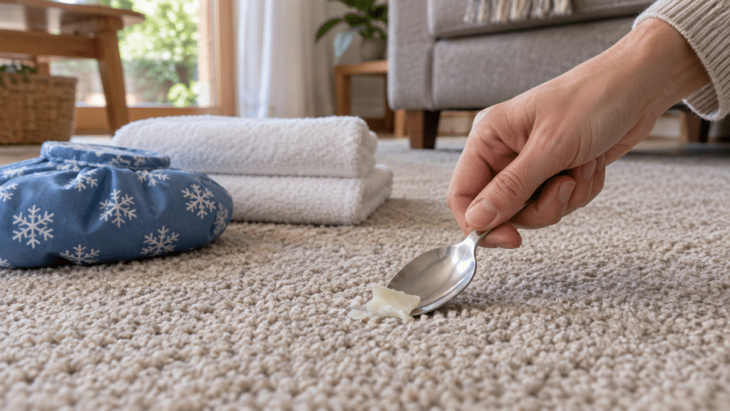 Lifting hardened candle wax from carpet with the rounded edge of a spoon beside a wrapped cold pack and folded towels.