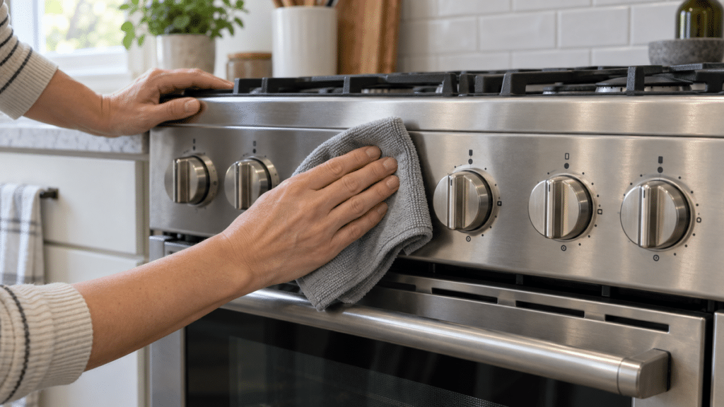 Wiping a cool stove control panel and knobs with a lightly damp folded microfiber cloth.