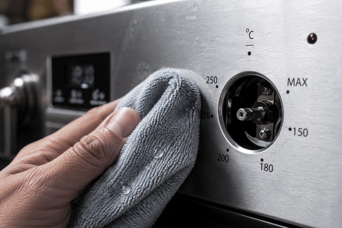 Cleaning around stove control markings with a lightly damp microfiber cloth.