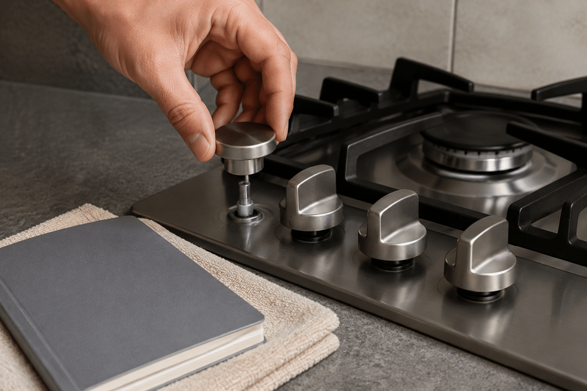Removing one stove knob carefully while checking the appliance care instructions.