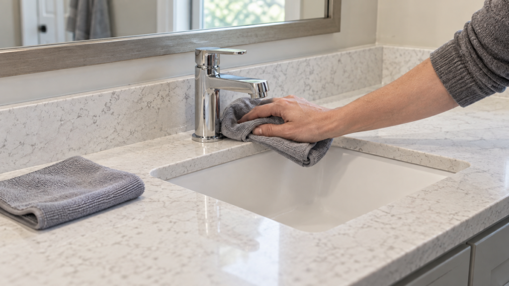 Cleaning around a bathroom faucet with a folded microfiber cloth while keeping the vanity seams dry.