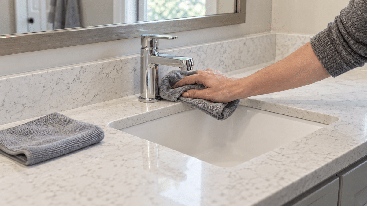Cleaning around a bathroom faucet with a folded microfiber cloth while keeping the vanity seams dry.