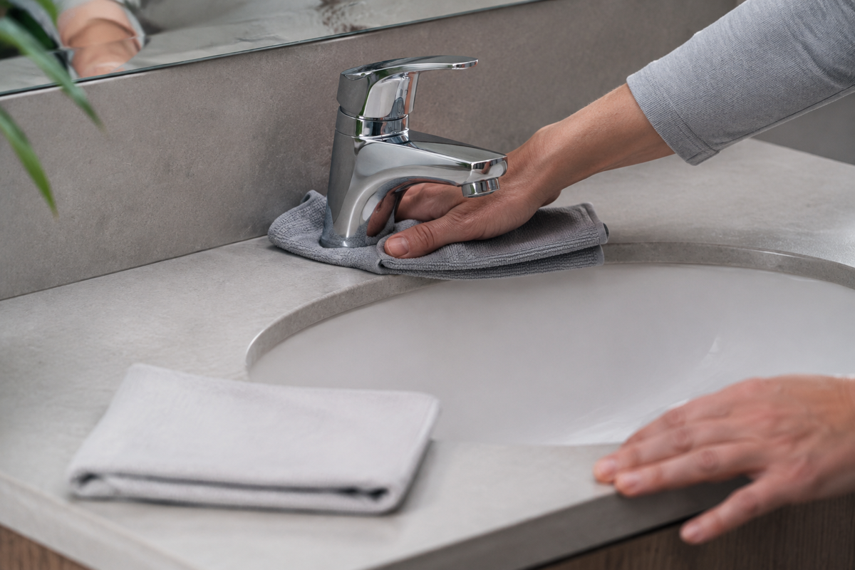 Cleaning around a bathroom faucet with controlled moisture while keeping vanity seams dry.
