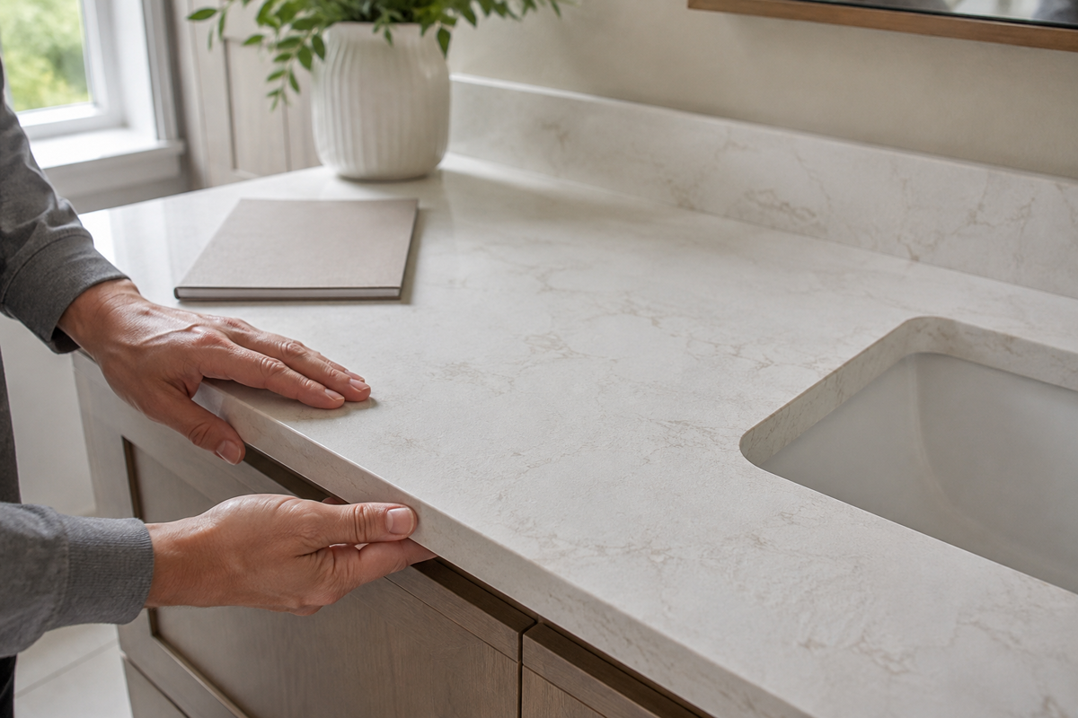 Inspecting a bathroom vanity edge and sink cutout to identify the surface before cleaning.