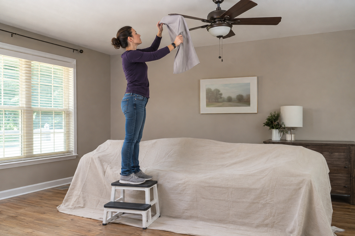 Capturing dust from a switched-off ceiling fan during top-to-bottom spring cleaning.