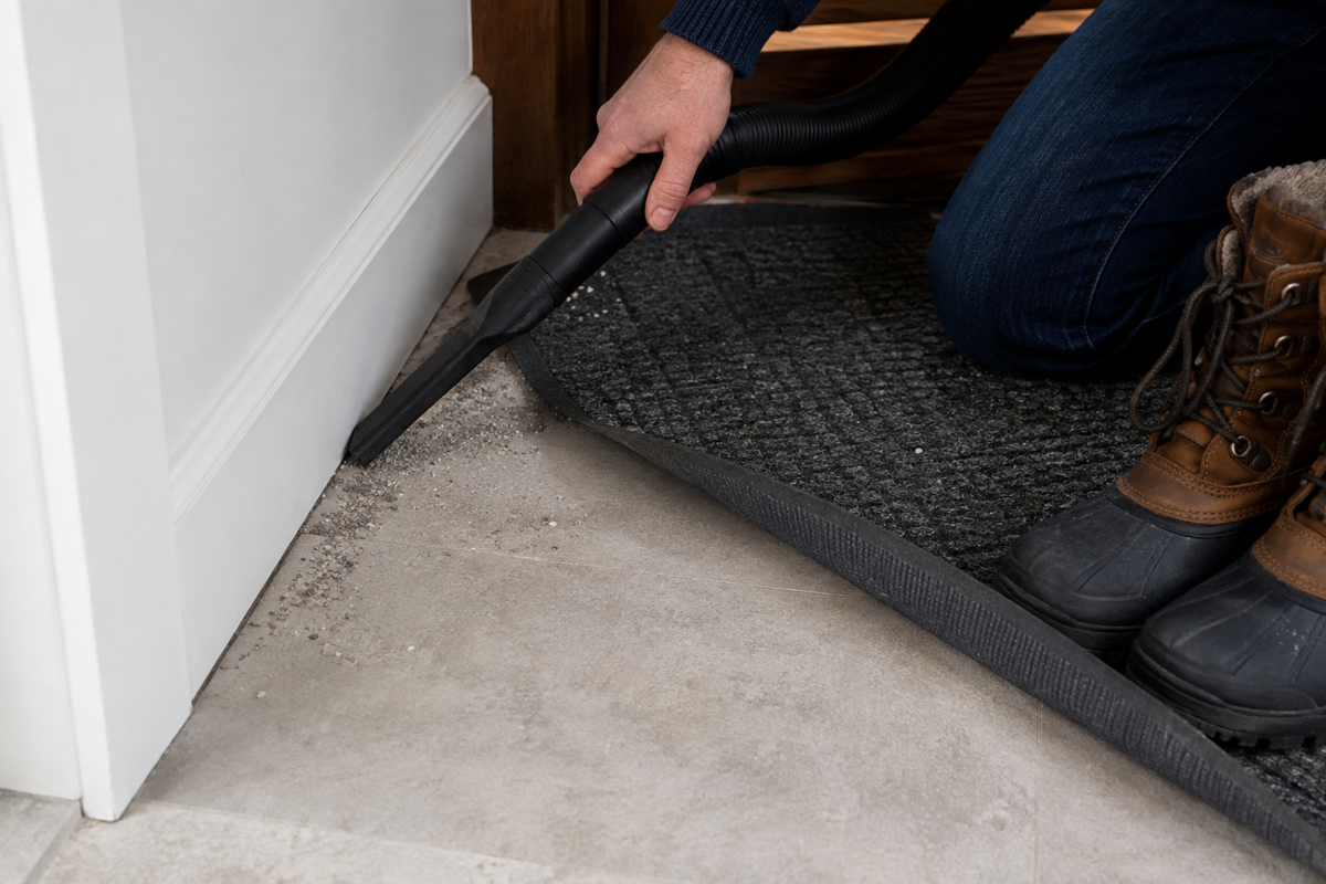 Vacuuming dry winter salt and grit from an entryway before damp cleaning.