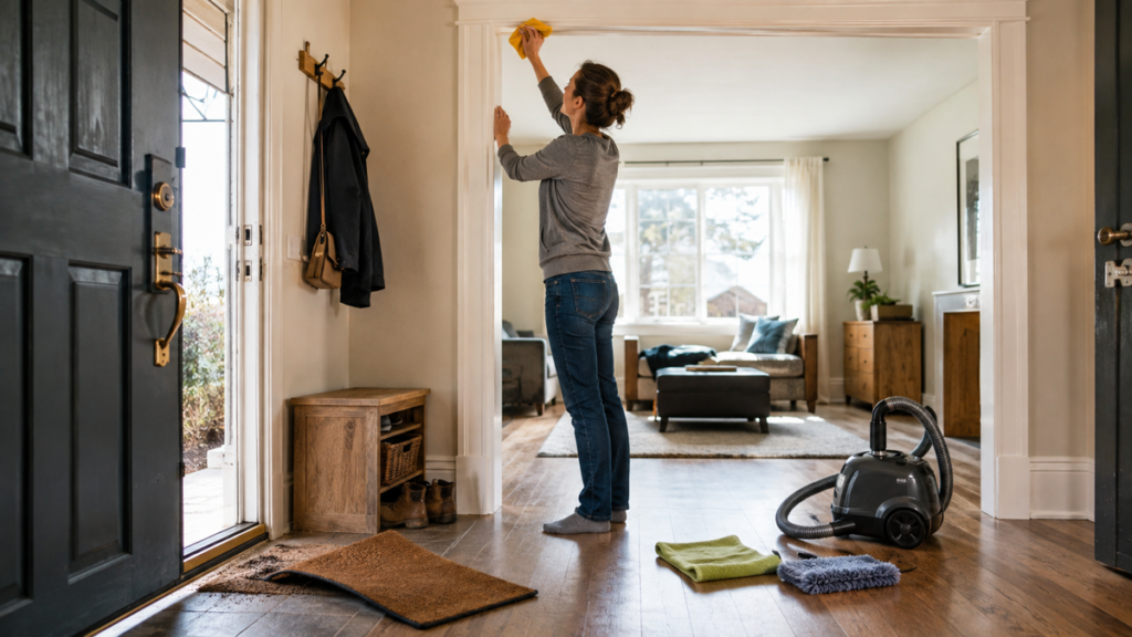 Preparing a room-by-room spring cleaning route after winter with ventilation and organized tools.