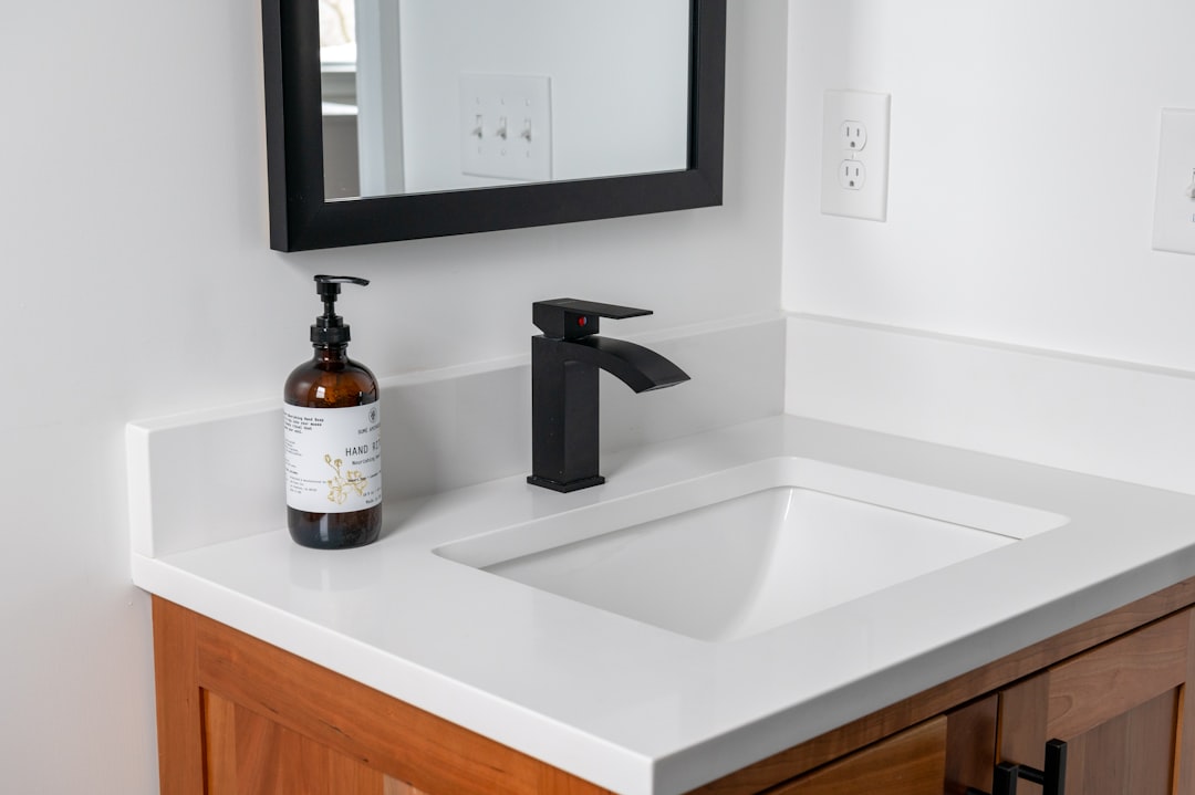Modern bathroom surfaces including vanity and sink