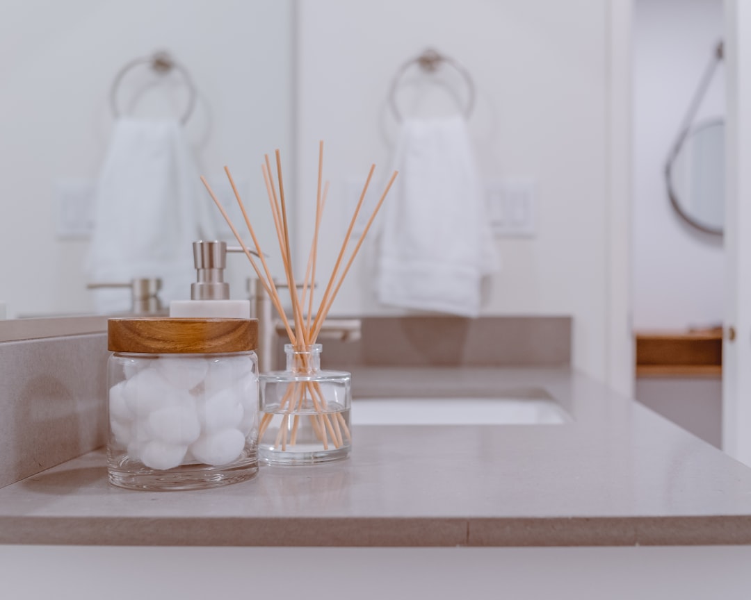 Clean bathroom vanity decor and countertop