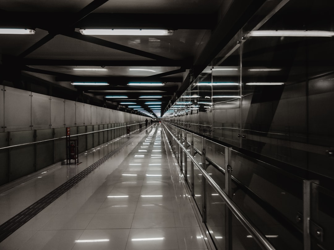 Long carpeted hallway showing a high-traffic walking path