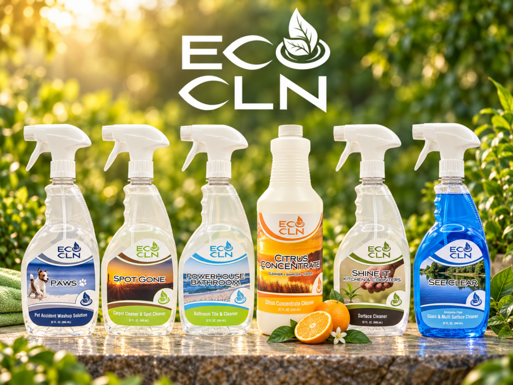 Eco Cln cleaning product lineup outdoors beneath the Eco Cln logo.