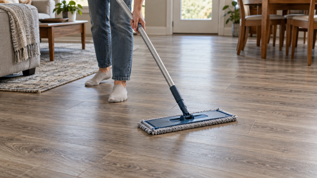 Microfiber mop making a controlled pass along vinyl plank flooring