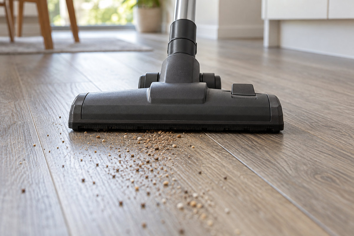 Hard-floor vacuum removing dry grit beside vinyl plank seams