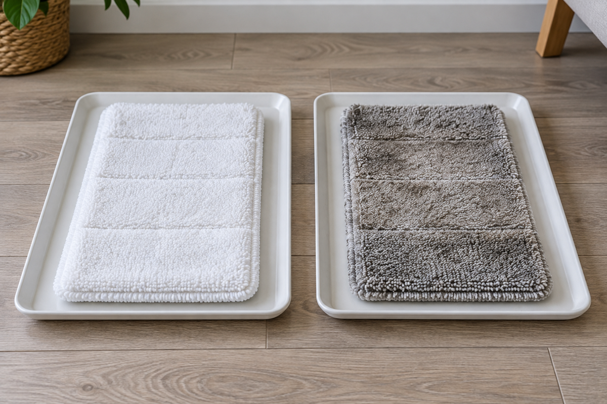 Clean and used microfiber mop pads on separate trays beside a vinyl floor