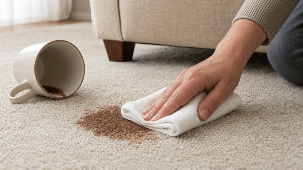 White cloth blotting a coffee stain from light carpet beside an upholstered chair